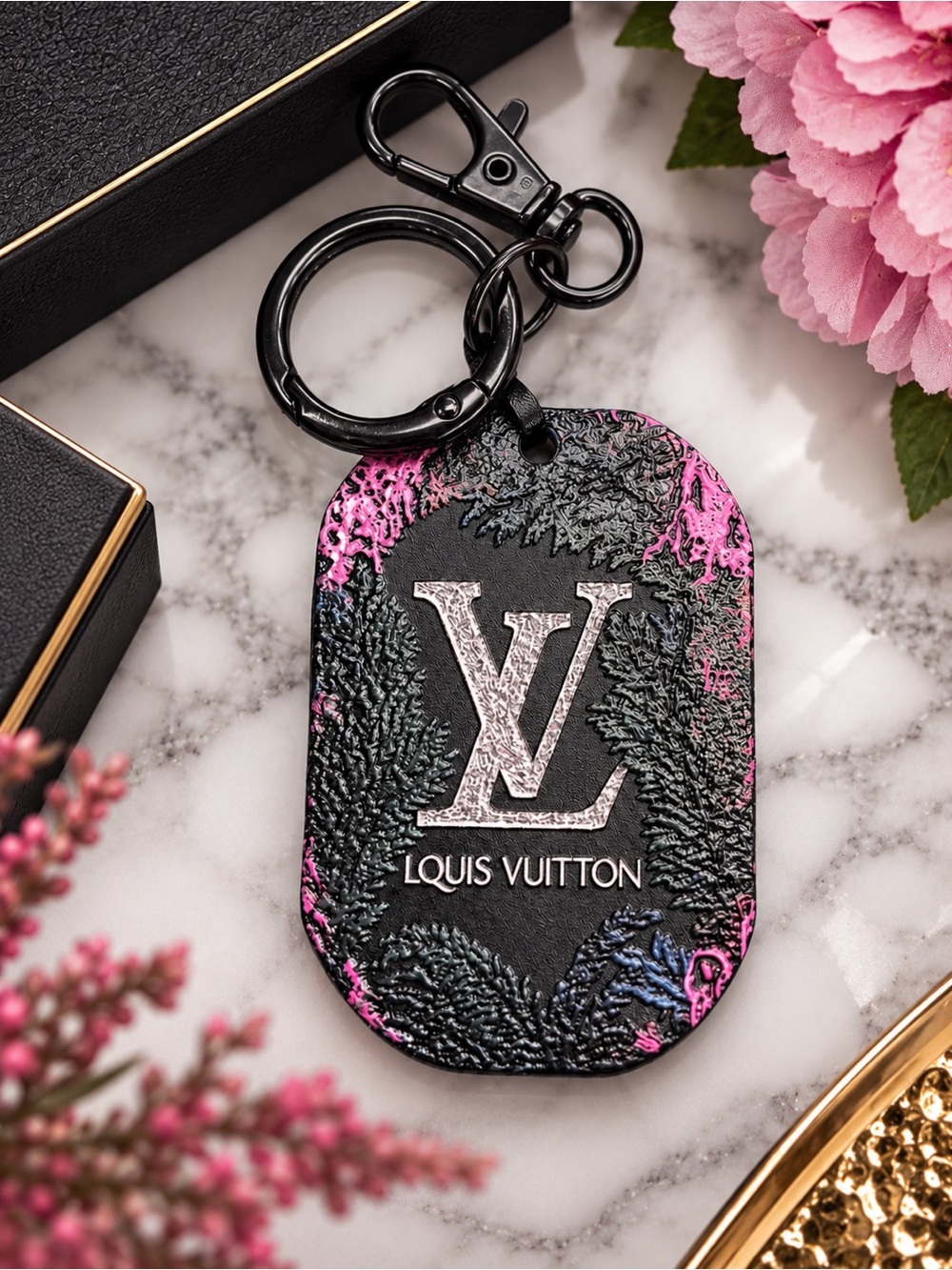Handcrafted Double-Sided Black Pink Designer Style Keychain Bag Charm - Picture 2 of 3